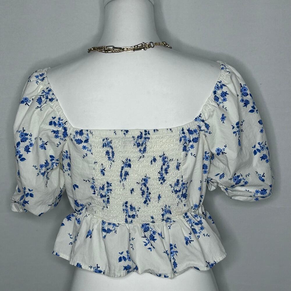 Band of the Free Blue Floral Bow Front Puff Sleeve Peplum Top Size L feminine - Picture 2 of 3
